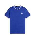 detalle ribete dos franjas camiseta fred perry azul cuello acabado premium