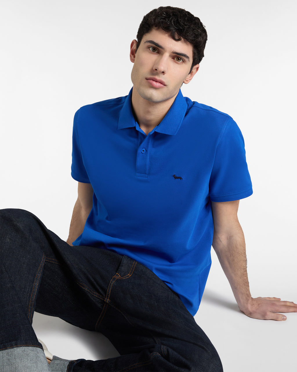 detalle logo perro harmont blaine polo azul algodón bordado pecho