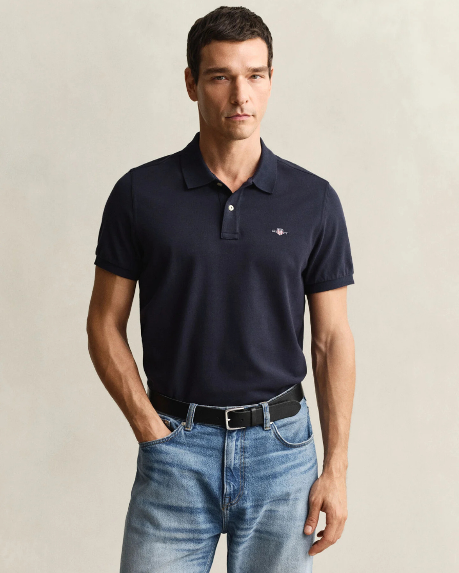 polo azul marino gant hombre algodón manga corta vista frontal elegante